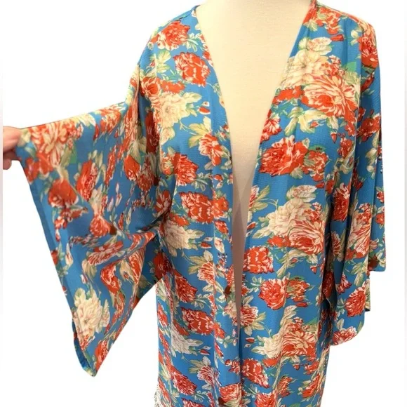 Umgee Cobalt Blue Red Floral Fringed Open Front Boho Kimono Coverup Medium Large - Picture 4 of 9